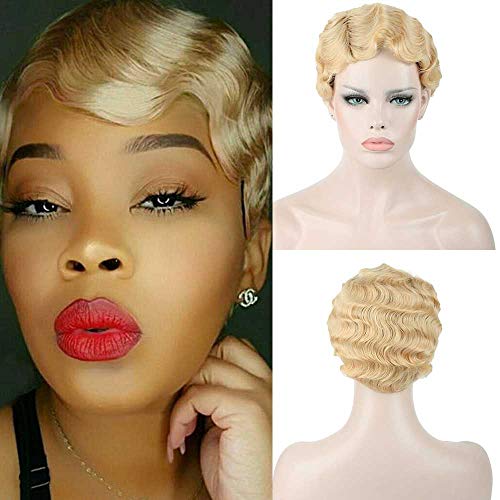 Product Cover DIFEI 7 Colors Women Black Blonde Golden Brown Pink Blue Wine Red Short Finger Wave Curly Wigs Nuna Wigs Janet Collection (Golden)