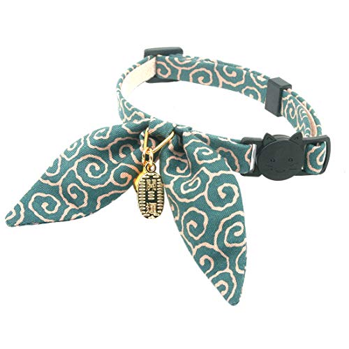 Product Cover PetSoKoo Unique Bunny Ears Bowtie Cat Collar, Japan Traditional Lucky Pendant and Gold Bell. Safety Breakaway, Light Weight, Soft, Durable. Quick Release and Easy Adjustable (Standard, Dark Cyan)