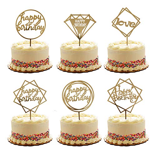 Product Cover Gold Happy Birthday Cake Topper Acrylic Cupcake Topper Glitter Birthday Cake Supplies Party Event Decorations (6 pieces)