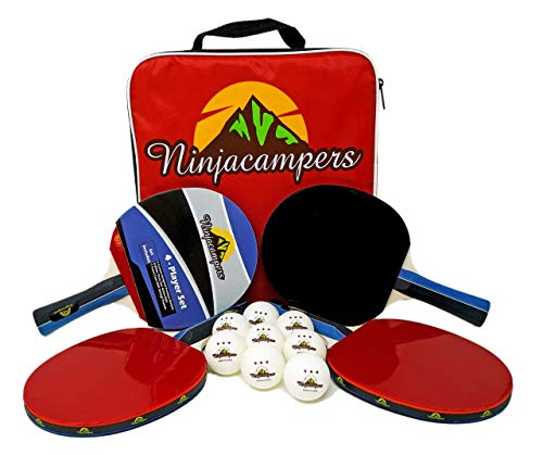 Product Cover NinjaCampers Ping Pong Paddle Set of 4| Includes Portable Storage Case| 4 Odorless Paddles| 8 ABS Balls| Superior Speed, Control, Spin| Professional & Recreational| Indoor & Outdoor Matches