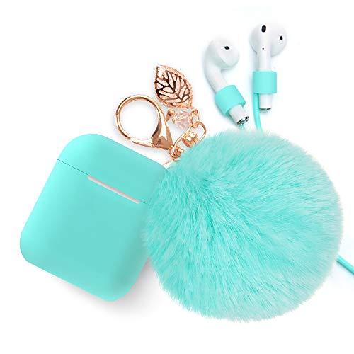 Product Cover Airpods Case Keychain, BLUEWIND AirPod Charging Protective Case, Portable Carrying Earpods Case with Strap, Keychain, Soft Fluffy Ball, Compatible with Apple AirPods 1&2 Bluetooth Earphone, Mint Green
