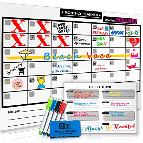 Product Cover Magnetic Dry Erase Calendar for Refrigerator [17x12]& Weekly Magnetic Calendar | Monthly Whiteboard Wall Calendar and Fridge Board Planner | Dry Erase Markers & Eraser | 2019 Home or Office