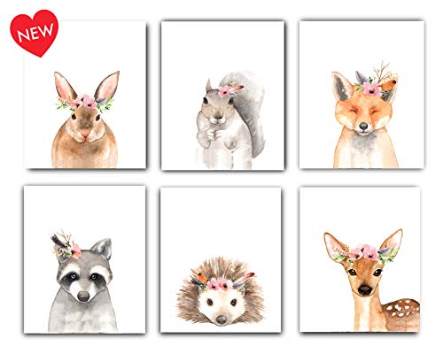 Product Cover Designs by Maria Inc. Woodland Floral Crown Animals Nursery Decor Watercolor Art Posters | Set of 6 (Unframed) 8x10 Prints