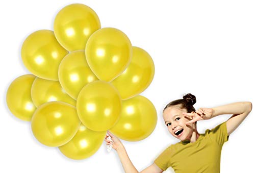 Product Cover Pack of 100 Metallic Bright Yellow 12 Inch Balloons with Ribbon Light Round Pearl Latex for Graduation or Baby Shower with Long Lasting Decorations
