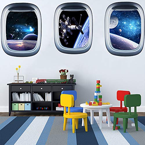 Product Cover ITTA Set of 3 Space Capsule Window Wall Sticker 3D Astronaut Outer Space Mural Wall Decals for Bedroom Living Room Kids Room Home Decor(Each pcs: 23