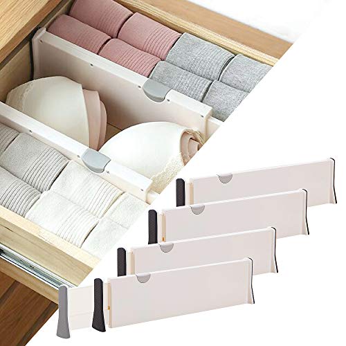 Product Cover DIOMMELL 4 Pack Adjustable Dresser Drawer dividers Organizers, Plastic Expandable Drawer Organization Separators for Kitchen, Bedroom, Closet, Bathroom and Office Drawers