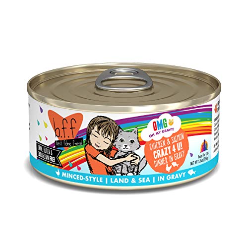 Product Cover Weruva B.F.F. Omg - Best Feline Friend Oh My Gravy! Grain-Free Wet Cat Food Cans, Crazy 4 U! Chicken & Salmon, 5.5-Ounce Can (Pack of 8)
