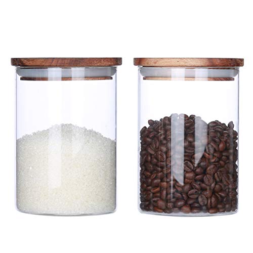 Product Cover KKC Borosilicate Glass Storage Jars with Airtight Lids Clear Glass Canisters sets for the Kitchen,Sugar,Candy,Loose Leaf Tea Jars with Wood Lid ,25 Floz,2 Piece Set