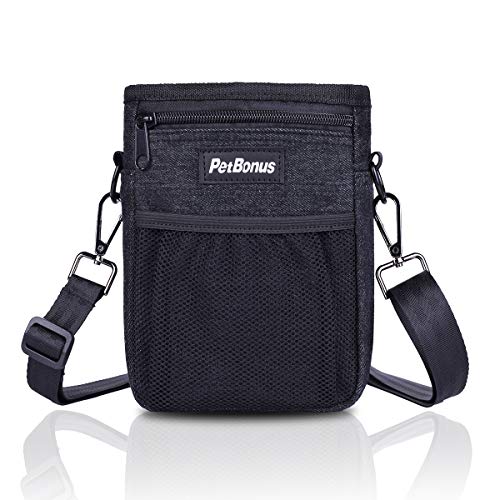 Product Cover PetBonus Denim Dog Treat Training Pouch, Dog Treats Bag with Built-in Poop Bag Dispenser, Easily Carries Pet Toys, Kibble, Treats - 3 Ways to Wear - 2 Black Carabiners Included(Black)