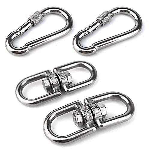 Product Cover 2PCS M8 304 Stainless Steel Swivel Ring Double Ended Swivel Eye Hook, 2PCS M8 Carabiner, for Marine Mooring Swivel Tree Swing, Hanging Hammock, Hanging Rotating Device