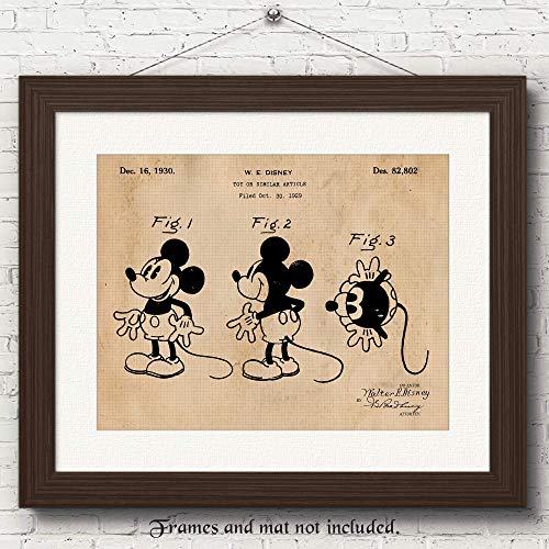Product Cover Vintage Disney Mickey Mouse Patent Poster Prints, Set of 1 (11x14) Unframed Photo, Great Wall Art Decor Gifts Under 15 for Home, Office, Man Cave, Shop, Nursery, College Student, Teacher