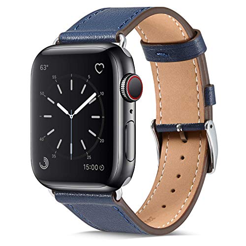 Product Cover Marge Plus Compatible Watch Band 42mm 44mm, Genuine Leather iWatch Strap Replacement Band with Stainless Metal Clasp Compatible Watch Series 5 4 3 2 1 Sport and Edition, Indigo