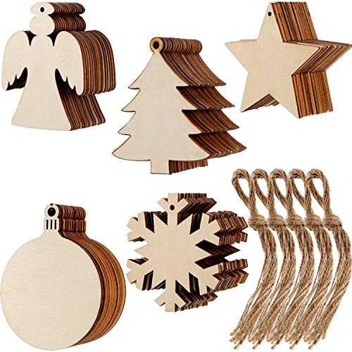 Product Cover Tatuo 50 Pieces Christmas Wooden Ornaments Wood Snowflake Angel Star Christmas Tree Round Discs Decorations Hanging Embellishments with 50 Pieces Strings