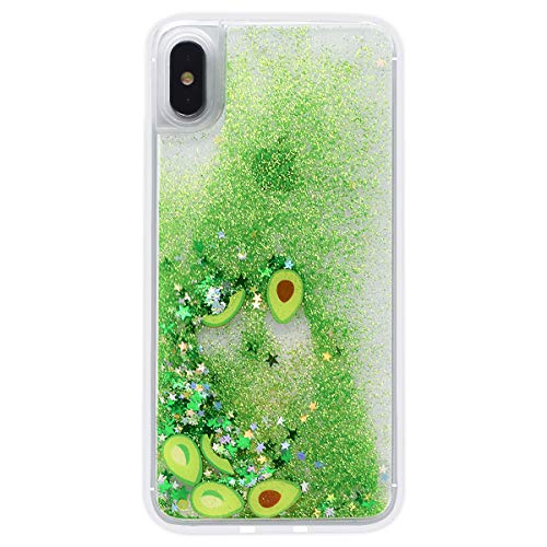 Product Cover Fusicase for iPhone XR Case Liquid Case Funny Shiny Green Quicksands Flowing Sparkle Moving Bling Glitter Protective Cover with Clear Bumper Fruit Avocado Pattern Case for iPhone XR