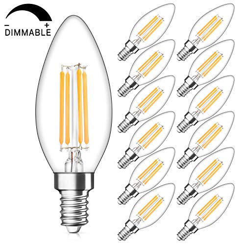 Product Cover Dimmable E12 Candelabra LED Bulbs 40W Equivalent, 2700K Warm White, 4W Filament LED Chandelier Light Bulbs, B11 Vintage Edison Clear Candle lamp with Decorative Candelabra Base, Pack of 12