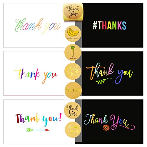 Product Cover 72 Thank You Card and Envelope Sets with 84 Envelope Sealer Stickers Assortment, Flat Notes Greeting Cards, Blank Card, 12 Designs, 4 x 6 Inches (36 Black and 36 White)
