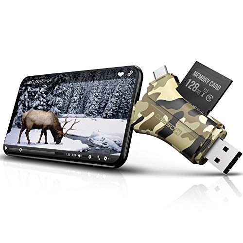 Product Cover Trail Camera Viewer SD Card Reader - 4 in 1 SD and Micro SD Memory Card Reader to View Hunting Game Camera Photos or Videos on Smartphone, Camouflage