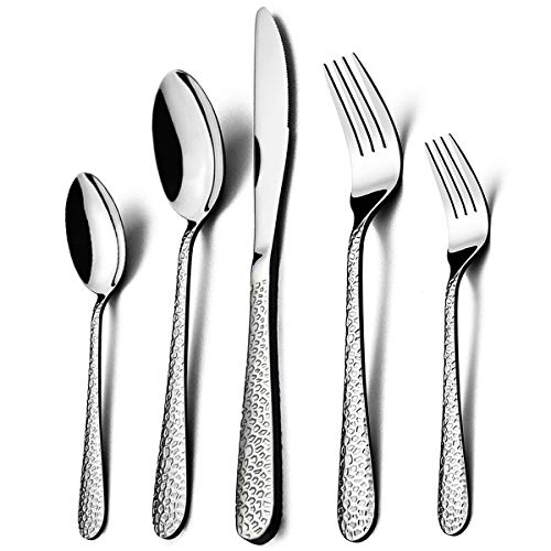 Product Cover 60-Piece Silverware Set, HaWare Hammered Stainless Steel Flatware Cutlery Set for Home/Hotel/Restaurant, Service for 12, Mirror Polished, Classic Design, Dishwasher Safe