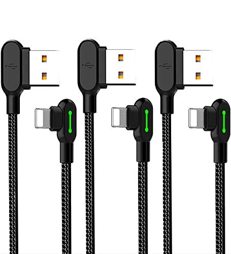 Product Cover USB 90 Degree Right Angle Design Gaming LED Nylon Braided Sync Charge Double Size USB Reversible Data 6FT/1.8M Cable Compatible New iPhone/iPad/iPod (3 Pack Black, 6FT)