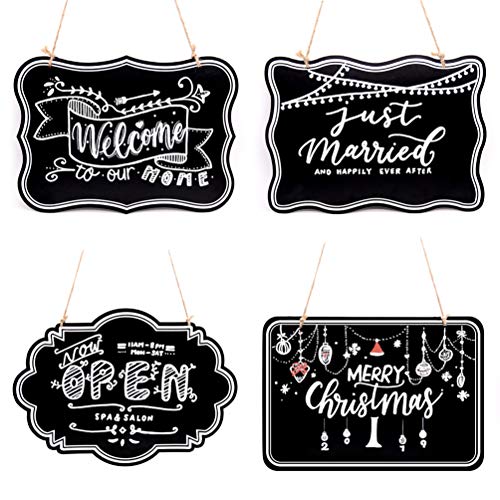 Product Cover UNIQOOO 10x14 inch Hanging Decorative Chalkboard Sign, Double-Sided Non Porous Wooden Signage Message Board Home Welcome Signs, Perfect for Wedding Cafe Kids Doodling Back to School Supplies, Set of 4