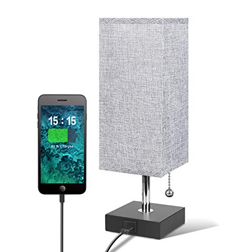 Product Cover USB Table Desk Lamp, Grey Bedside Nightstand Lamp with USB Charging Port, Solid Wood Unique Lampshade,Convenient Pull Chain for Bedroom Living Room