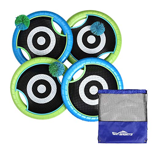Product Cover Win SPORTS Outdoor Trampoline Paddle Ball Set for 4 Players - Includes 4 Rackets, 3 Rubber String Balls,1 Storage Bag - Outdoor Family Camping Game for Kids, Adults, and Couples