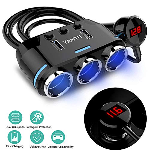 Product Cover Sunjoyco 3-Socket Cigarette Lighter Adapter, 100W 12V/24V Power DC Outlet Splitter with 3.1A Dual USB Car Charger and On/Off Switch + Voltage Display for iPhone iPad Samsung GPS Dashcam