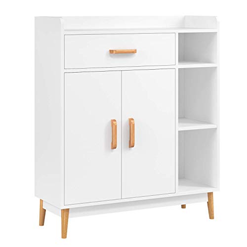 Product Cover HOMFA Sideboard Storage Cabinet, Free Standing Cupboard Chest Room Display Unit Entryway Cabinet 1 Drawer 2 Doors 3 Shelves with Legs Decor Dining Furniture for Home, White