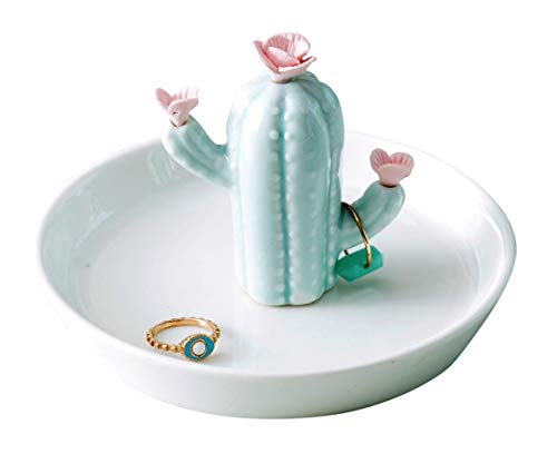 Product Cover WANYA Cactus Ceramic Ring Jewelry Holder Decor Dish Organizer, Green Cactus with Little Flowers