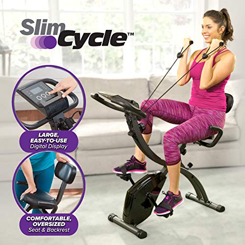Product Cover As Seen On TV Slim Cycle 2-in-1 Stationary Bike - Folding Indoor Exercise Bike with Arm Resistance Bands and Heart Monitor - Perfect Home Exercise Machine for Cardio