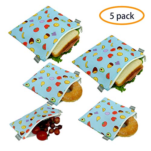 Product Cover Reusable Sandwich Bags Snack Bags - Set of 5 Pack, Dishwasher Safe Lunch Bags with Zipper, Eco Friendly Food Wraps, BPA-Free. (Nuts&Fruits)