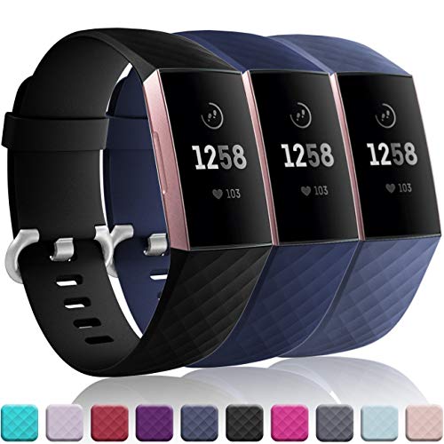 Product Cover Wepro Bands Replacement Compatible Fitbit Charge 3 for Women Men Small, 3 Pack Sports Watch Band Strap Waterproof Wristband for Fitbit Charge 3 & Charge 3 SE Fitness Tracker, Black, Navy Blue, Gray