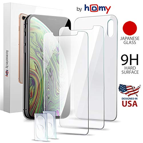 Product Cover Homy Premium Screen Protector Kit for iPhone Xs Max 6.5 inch Case Friendly Full Protection: 2X Front UHD Japanese Tempered Glass + 1X Back Glass + 2X Camera Lens Cover, 9H Hardness, Anti-Fingerprint