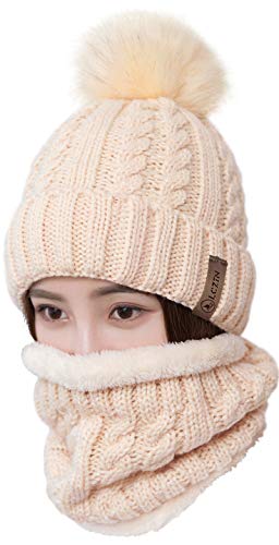 Product Cover LCZTN Womens Pom Beanie Hat Scarf Set Girls Cute Winter Ski Hat Slouchy Knit Skull Cap with Fleece Lined