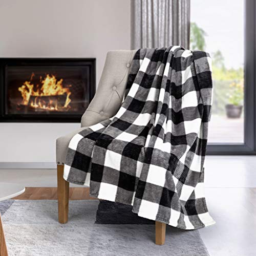 Product Cover Safdie & Co. Flannel Printed Ribbed 50x60 White Plaid Ultra Soft Throw, Black - 65903.Z.06