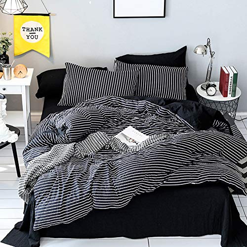 Product Cover LAMEJOR Duvet Cover Sets Queen Size Stripes Pattern Reversible Bedding Set Comforter Cover Washed Microfiber (1 Duvet Cover+2 Pillowcases) Black/White