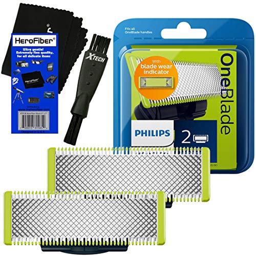Product Cover Philips Norelco OneBlade Replaceable Blades (2 Pack) for OneBlade QP2520, QP2530, QP2630, Pro QP6510, QP6520 Electric Trimmers + Double Ended Shaver Brush + HeroFiber Ultra Gentle Cleaning Cloth