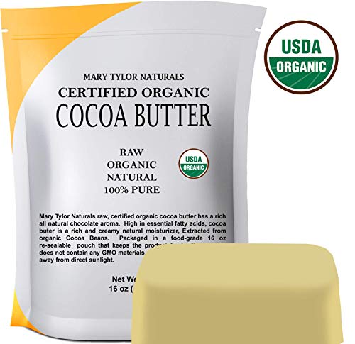 Product Cover Organic Cocoa Butter (1 lb), USDA Certified by Mary Tylor Naturals Raw Unrefined, Non-Deodorized, Rich In Antioxidants Great For DIY Recipes, Lip Balms, Lotions, Creams, Stretch Marks