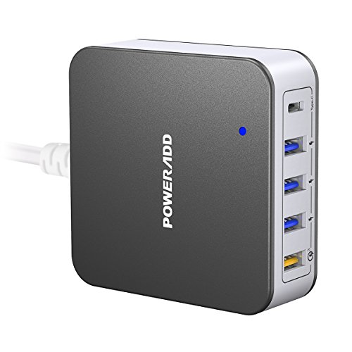Product Cover POWERADD 40W 5 Port USB C Charging Station Multi Port Wall Charger QC3.0 USB C Desktop Charger Block Compatible iPhone, Samsung, Nexus, LG, and More USB Device