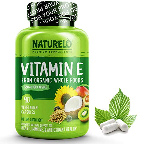 Product Cover NATURELO Vitamin E - 350 mg (522 IU) of Natural Mixed Tocopherols from Organic Whole Foods - Best Supplement for Healthy Skin, Hair, Nails, Immunity, Eye Health - Non-GMO, Soy free - 90 Vegan Capsules