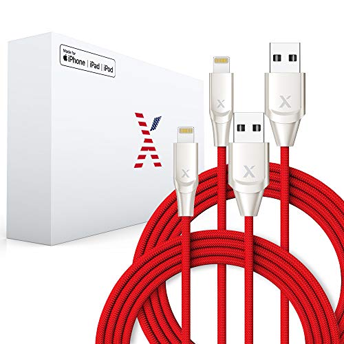 Product Cover Xcentz iPhone Charger 2 Pack 6ft, Apple MFi Certified Lightning Cable Fast Charger iPhone Cable, Durable Braided Nylon Metal Connector Charger Cord for iPhone X/XS Max/XR/8 Plus/7/6/5/SE, iPad, Red
