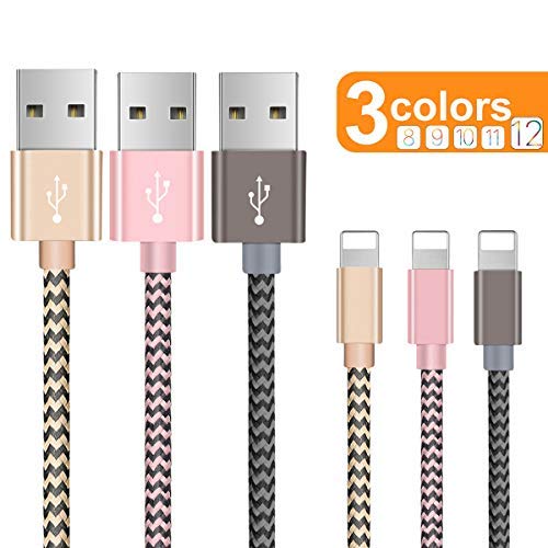 Product Cover OTISA Charger Cable for Phone, Charger Cord 3 Pack Nylon Braided Charging Cord Compatible Phone xs/xsmax/xr/8/8plus/7/7plus/6/6plus pad pod & More(Gold/Pink/Grey)