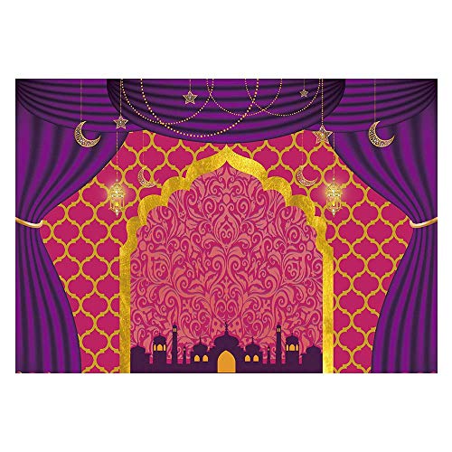 Product Cover Funnytree 7x5ft Magic Genie Theme Party Backdrop Egyptian Moroccan Arabian Gold Indian Bollywood Birthday Photography Background Pink Glitter Sweet 16 Baby Shower Photo Decorations Banner Photobooth