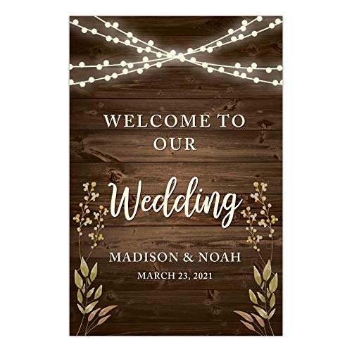 Product Cover Andaz Press Personalized Extra Large Wedding Easel Board Party Sign, 12x18-inch, Rustic Wood with Hanging Ball Lights and Florals, Welcome to Our Wedding Bride Groom Name Date, 1-Pack, Custom