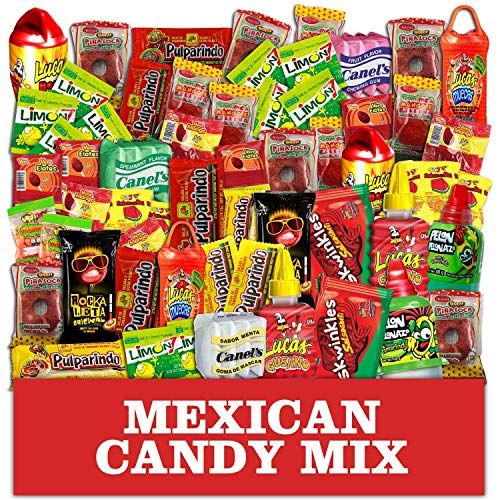 Product Cover Mexican Candy Assortment Snacks (64 Count), Variety Of Spicy, Sweet, Sour Bulk Candies Dulces Mexicanos, Includes Lucas Candy, Pelon, Vero Lollipop, Pulparindo Makes A Great Gift By MTC.