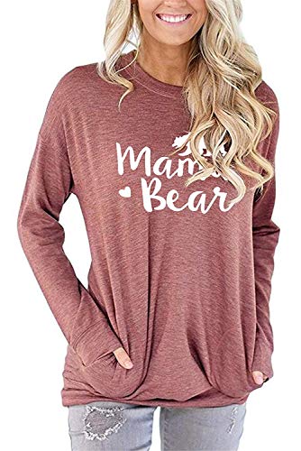 Product Cover barnkas Women Mama Bear Shirt Loose Casual Tops T-Shirts Crew Neck Batwing Sleeve Sweatshirt Patches Blouse (S, RED-1)