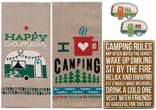 Product Cover Camper Kitchen Décor Bundle: 2 Kay Dee Camping Towels, 1 Primitives by Kathy Camping Rules Box Sign, 1 Beachcombers RV Camper Salt and Pepper Shaker Set