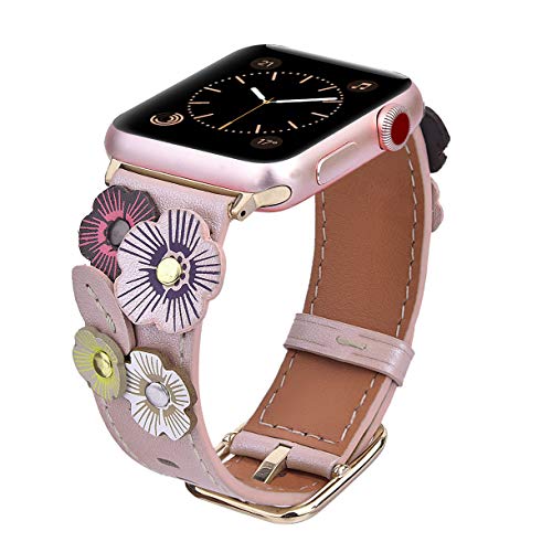 Product Cover V-MORO Flowers Leather Bands Compatible with Apple Watch Bands 38mm 40mm Series 4/3/2/1 with Stainless Steel Buckle Rose Gold Replacement Strap Wristbands Women(Rose Gold, 38mm)