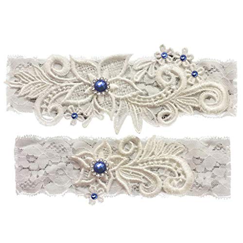 Product Cover Wedding Garter Set Lace Garters Belt Bride Women White Blue Garter Size Optional (Blue White, Medium)