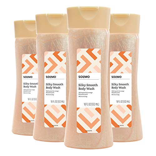 Product Cover Amazon Brand - Solimo Silky Smooth Body Wash, Peach and Orange Blossom Scent, 18 Fluid Ounce (Pack of 4)
